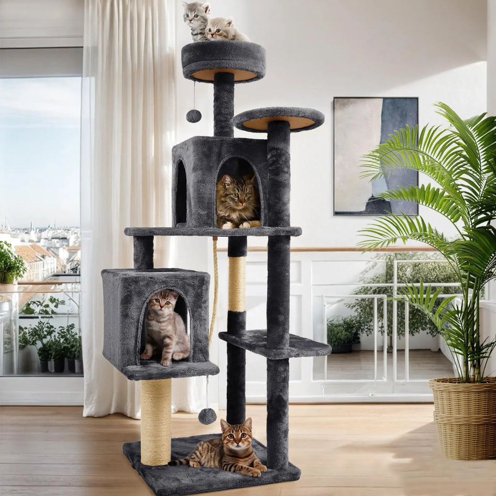Elevate Your Cat's Playtime with the WeCharmer 58" Cat Tree - Complete with Cozy Condos, Scratching Post, and Fun Hanging Toy!