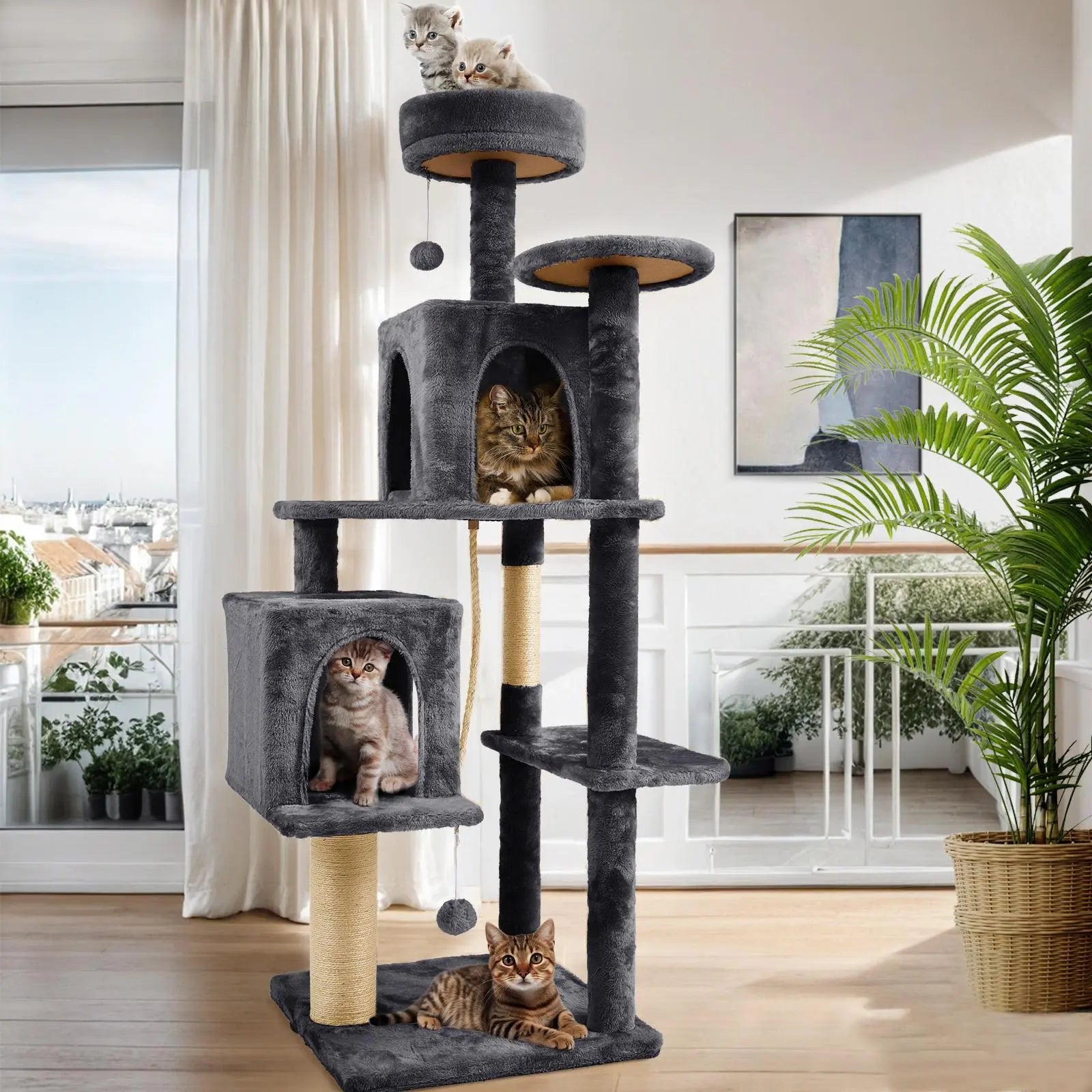 Elevate Your Cat's Playtime with the WeCharmer 58" Cat Tree - Complete with Cozy Condos, Scratching Post, and Fun Hanging Toy!