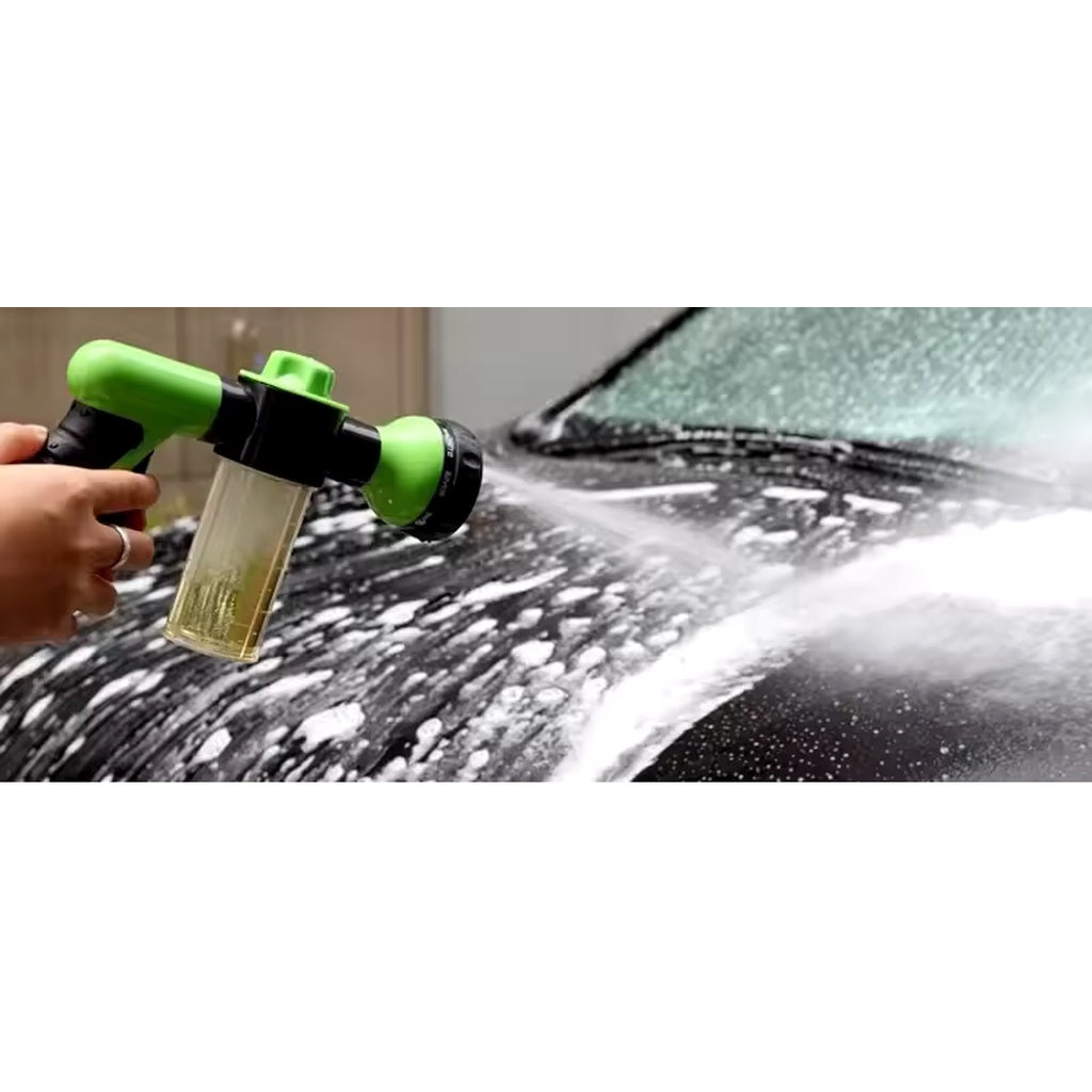 8-in-1 foam wash gun spraying soap and water onto a car